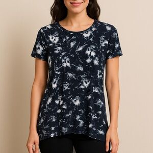 ELLEN TRACY Dusty Floral Navy Hi-Lo Tunic/blouse Soft Knit Short Sleeve ≠SIZE S